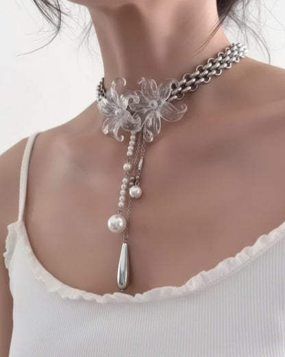 Floral Choker Necklace with Pearl Drops