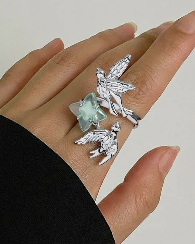 Fairy & Bird Adjustable Ring Green Star Charm