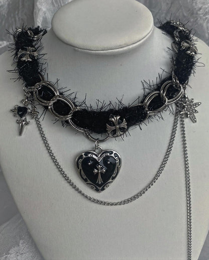 Gothic Lace Chain Choker with Black Heart & Dagger Charms