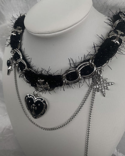 Gothic Lace Chain Choker with Black Heart & Dagger Charms