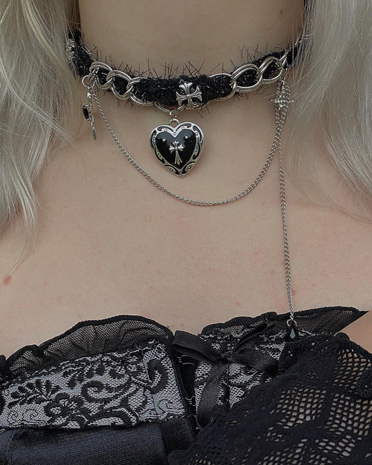 Gothic Lace Chain Choker with Black Heart & Dagger Charms