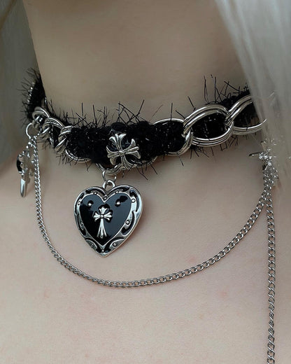 Gothic Lace Chain Choker with Black Heart & Dagger Charms