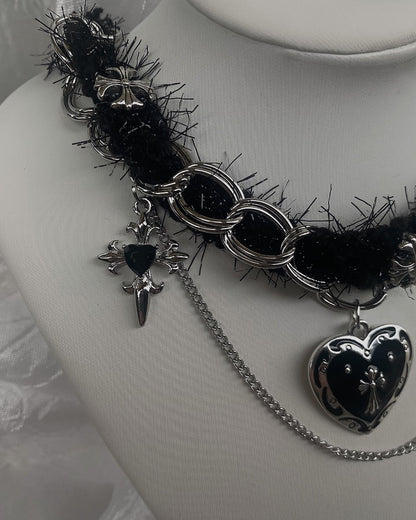 Gothic Lace Chain Choker with Black Heart & Dagger Charms