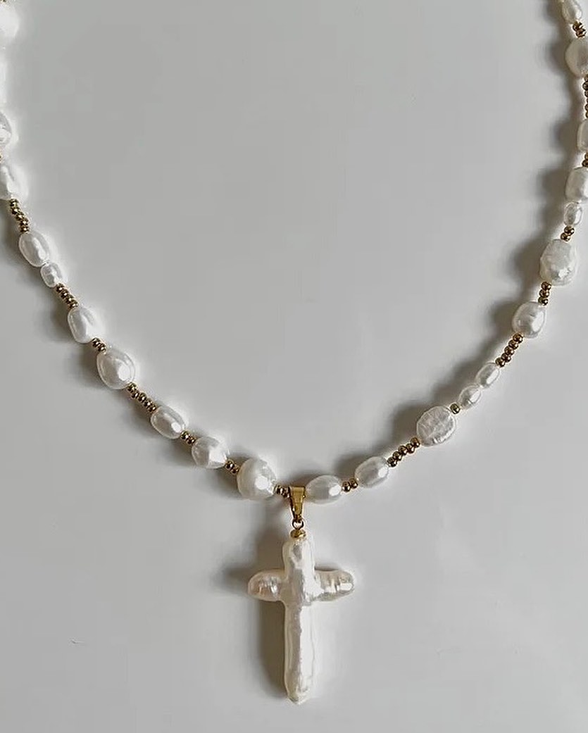 Baroque Pearl Cross Necklace with Gold Accents