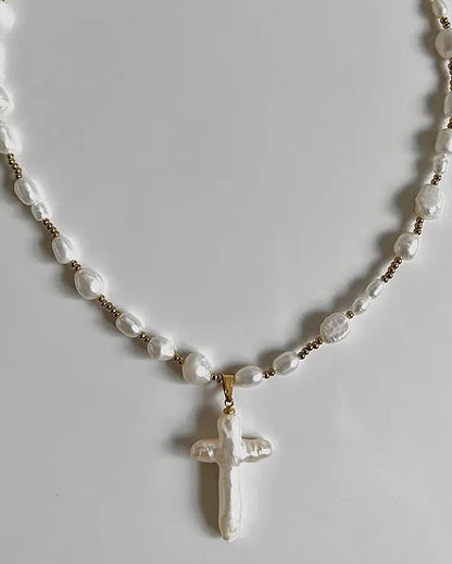 Baroque Pearl Cross Necklace with Gold Accents