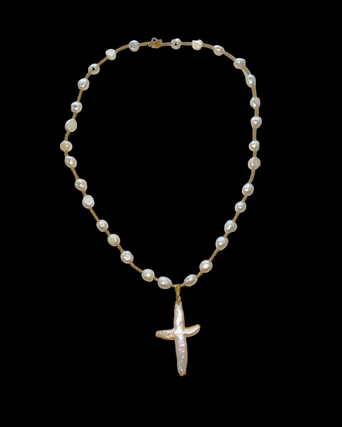 Baroque Pearl Cross Necklace with Gold Accents