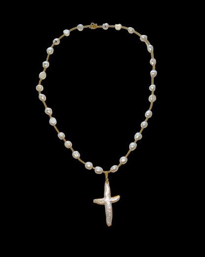 Baroque Pearl Cross Necklace with Gold Accents
