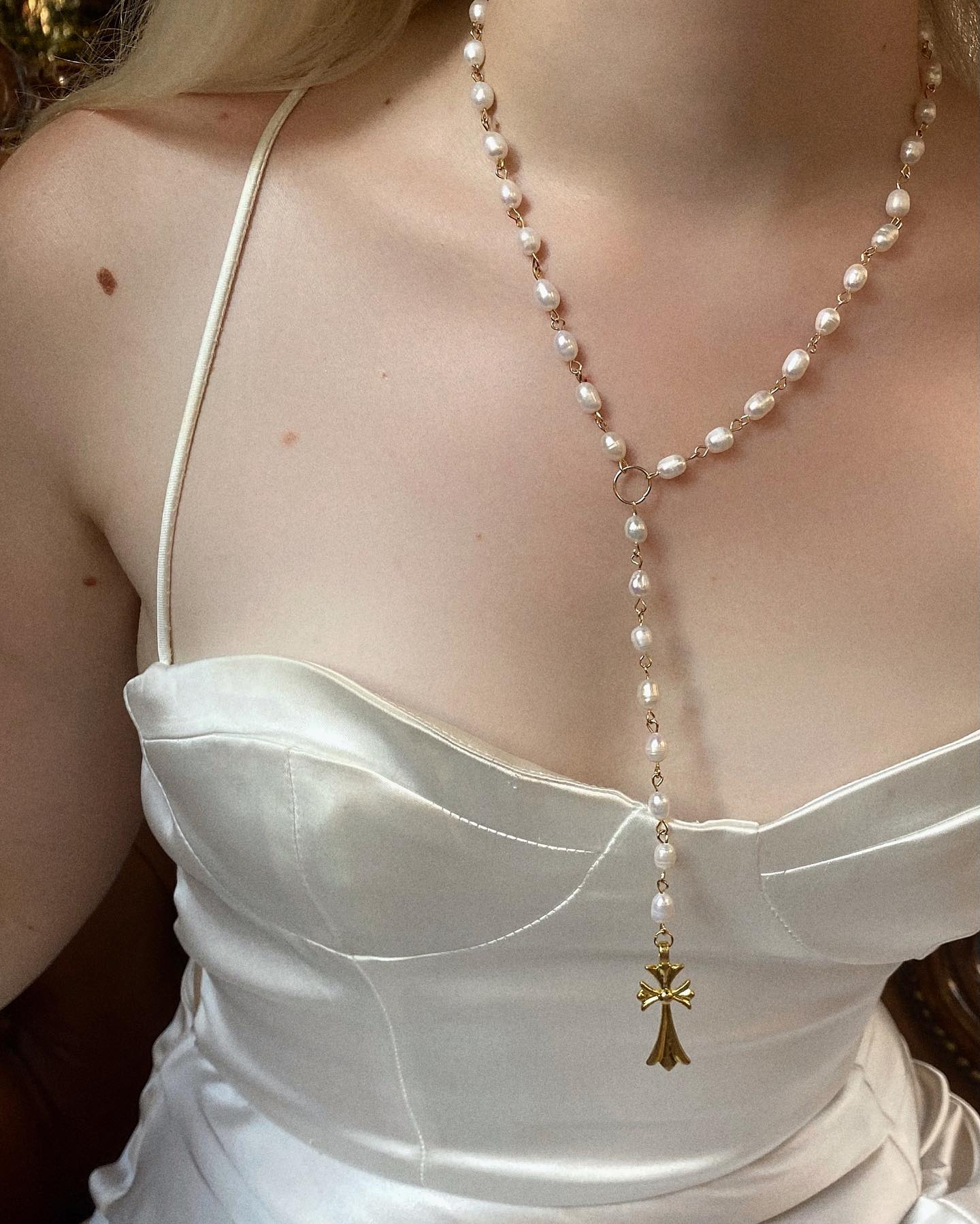 Baroque Pearl Rosary Necklace with Vintage Gold Cross Pendant