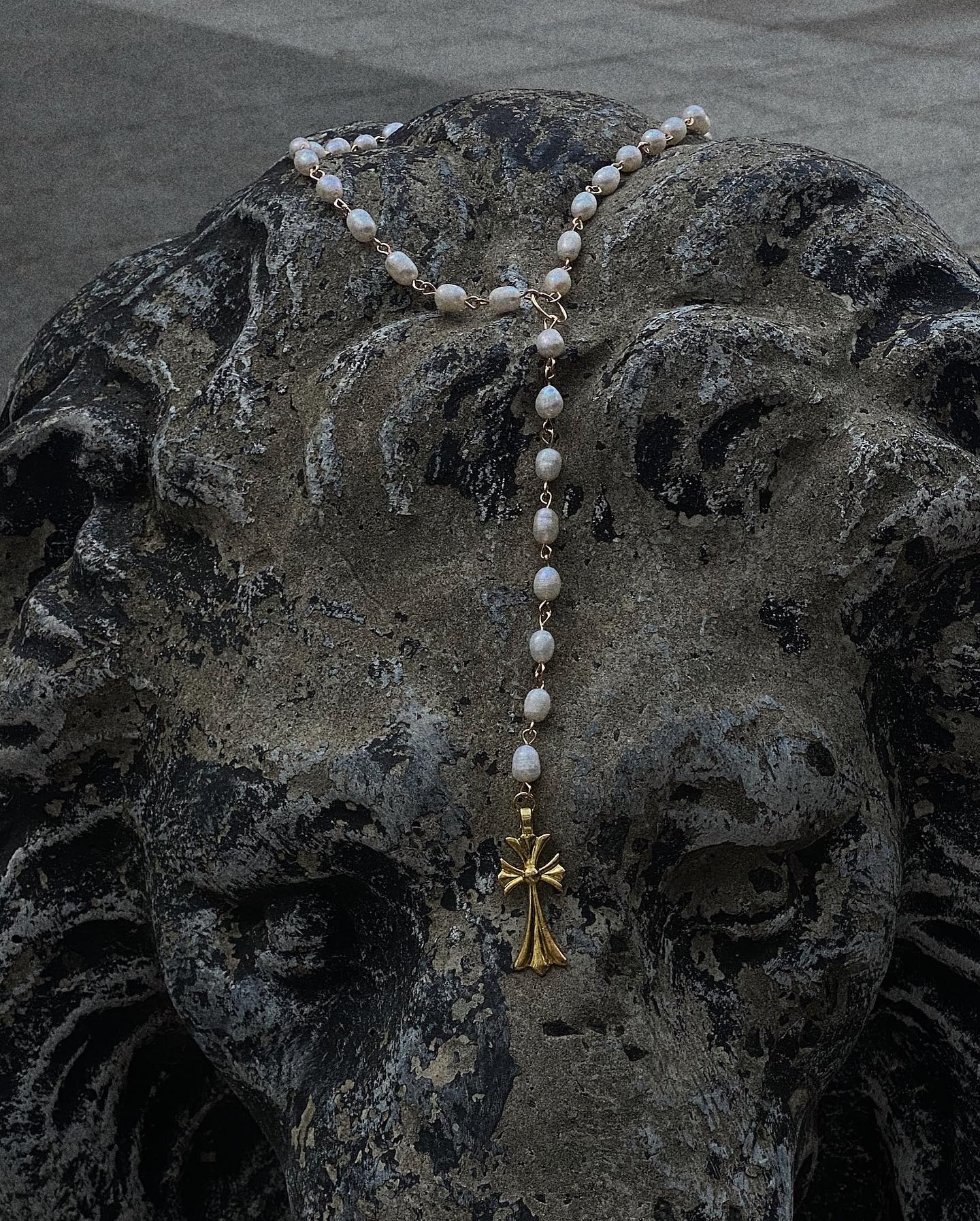 Baroque Pearl Rosary Necklace with Vintage Gold Cross Pendant