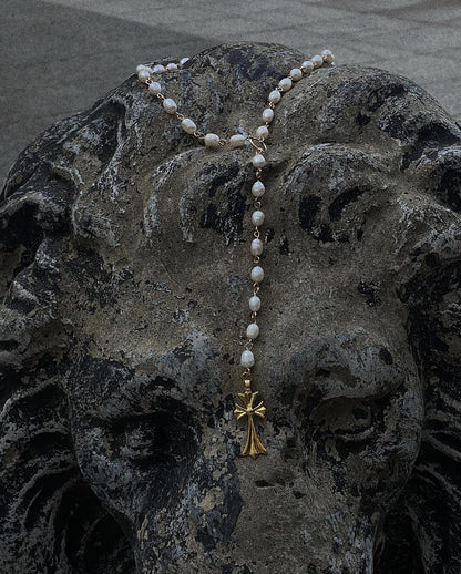 Baroque Pearl Rosary Necklace with Vintage Gold Cross Pendant