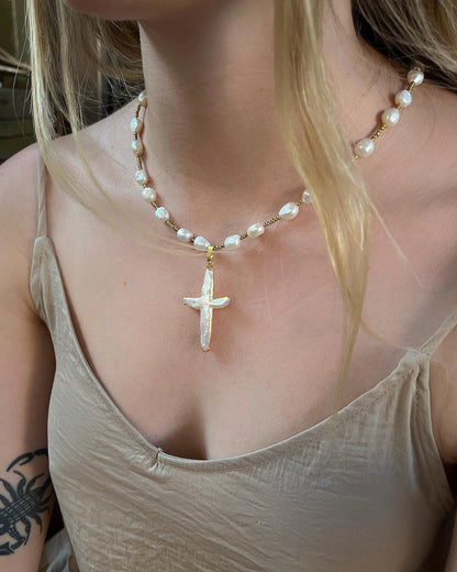 Baroque Pearl Cross Necklace with Gold Accents