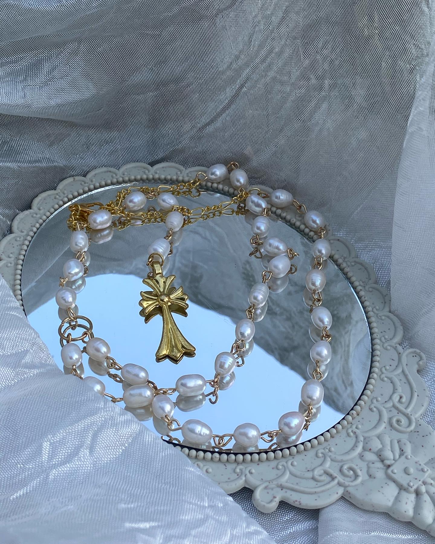 Baroque Pearl Rosary Necklace with Vintage Gold Cross Pendant