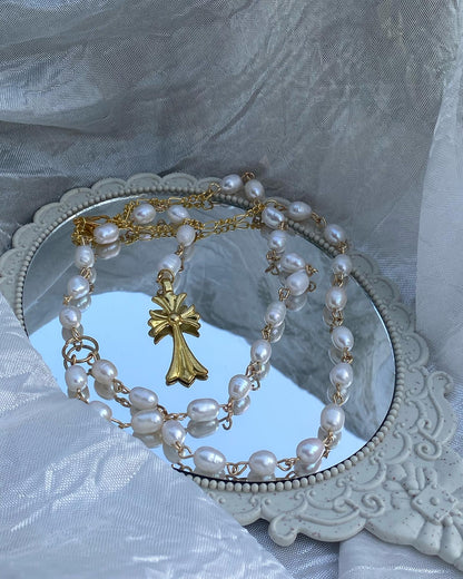 Baroque Pearl Rosary Necklace with Vintage Gold Cross Pendant