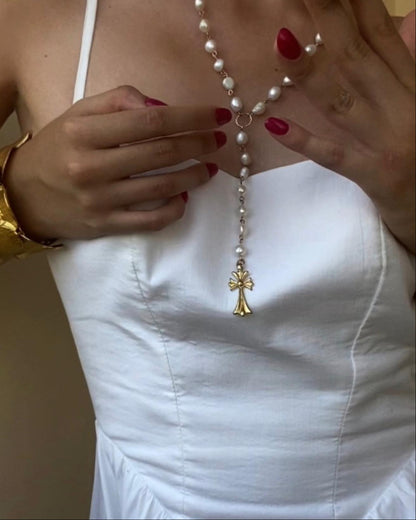 Baroque Pearl Rosary Necklace with Vintage Gold Cross Pendant