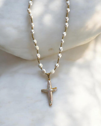 Baroque Pearl Cross Necklace with Gold Accents