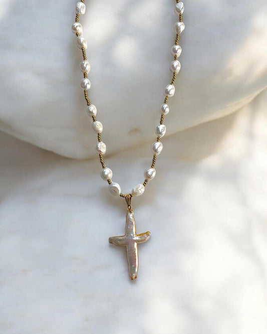 Baroque Pearl Cross Necklace with Gold Accents