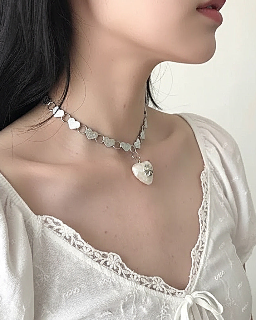 Silver Heart Charm Choker with Textured Chain
