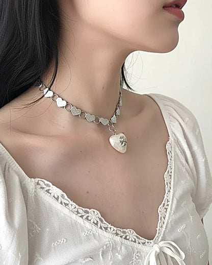 Silver Heart Charm Choker with Textured Chain