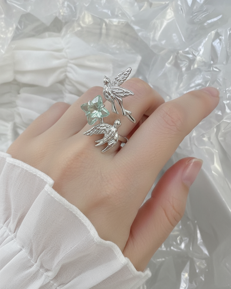 Fairy & Bird Adjustable Ring Green Star Charm