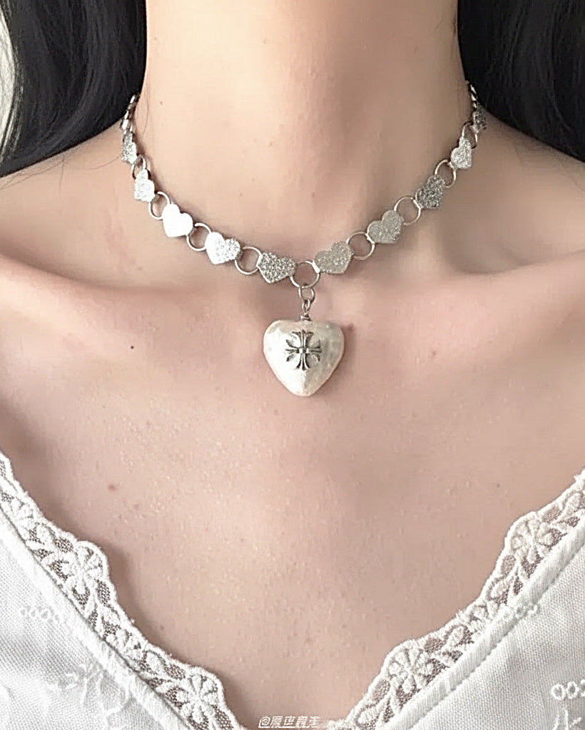 Silver Heart Charm Choker with Textured Chain