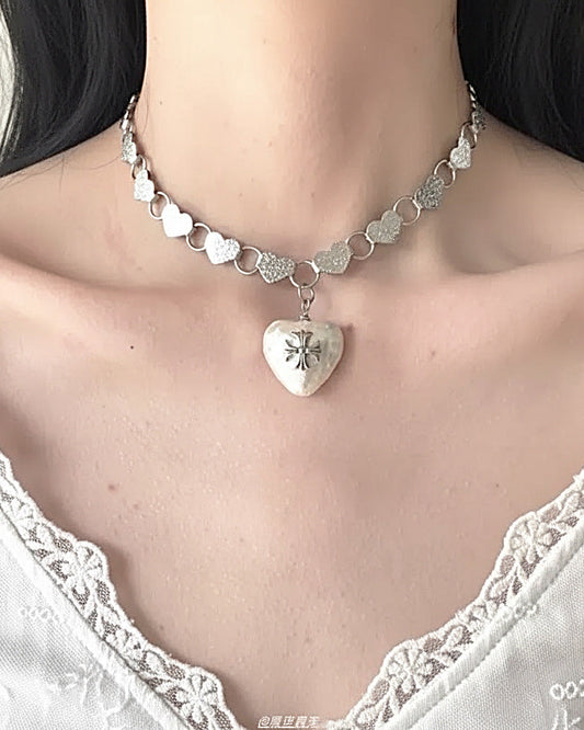 Silver Heart Charm Choker with Textured Chain