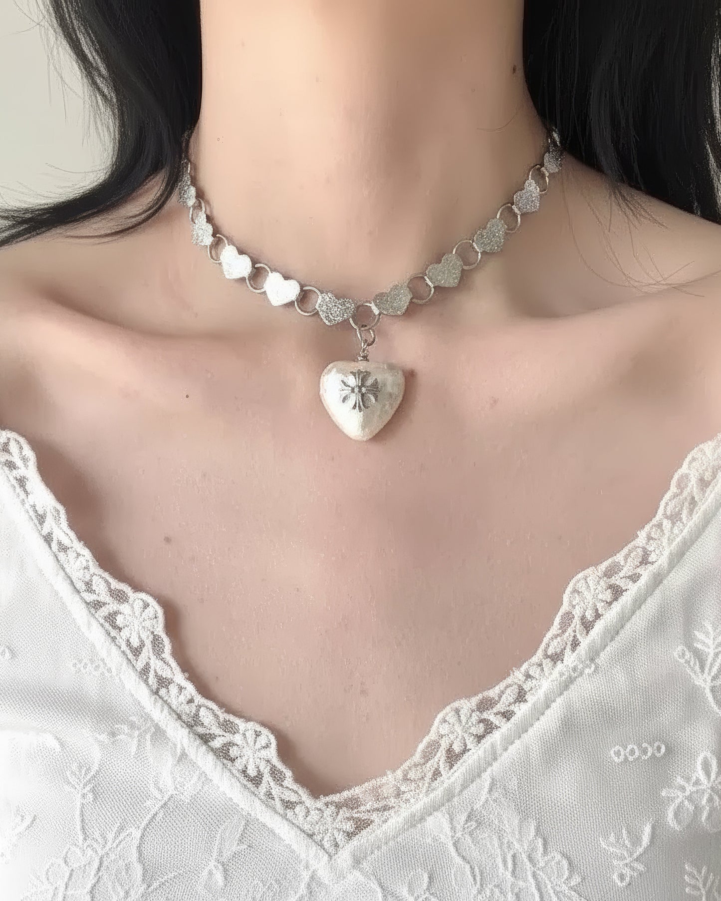 Silver Heart Charm Choker with Textured Chain