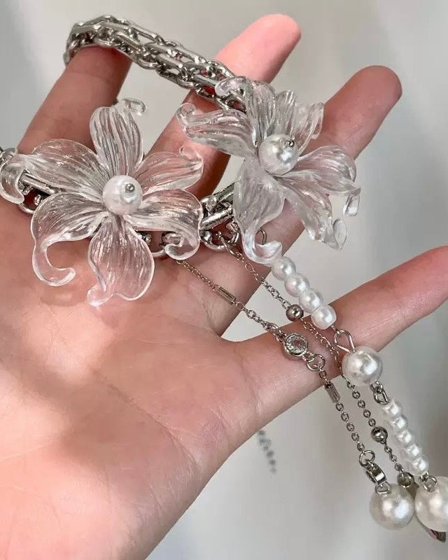 Floral Choker Necklace with Pearl Drops