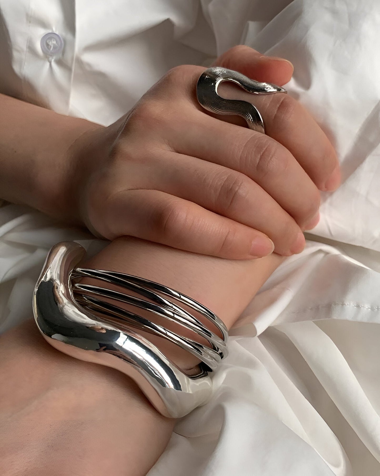Futuristic Layered Silver Bangle Set