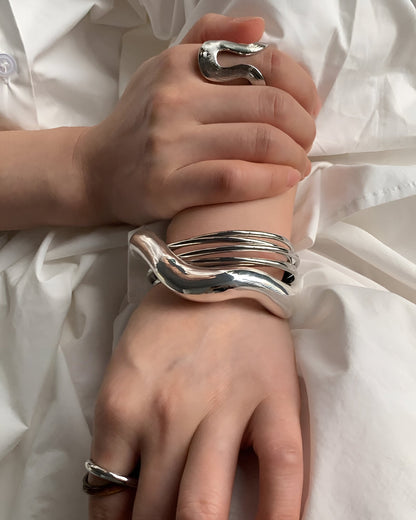Futuristic Layered Silver Bangle Set