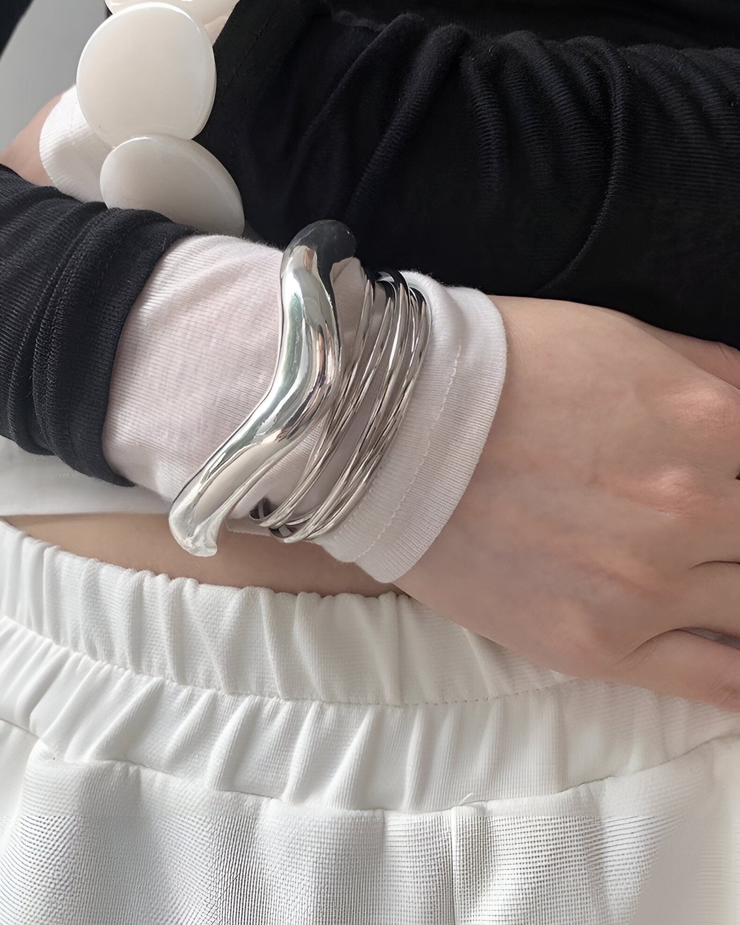 Futuristic Layered Silver Bangle Set