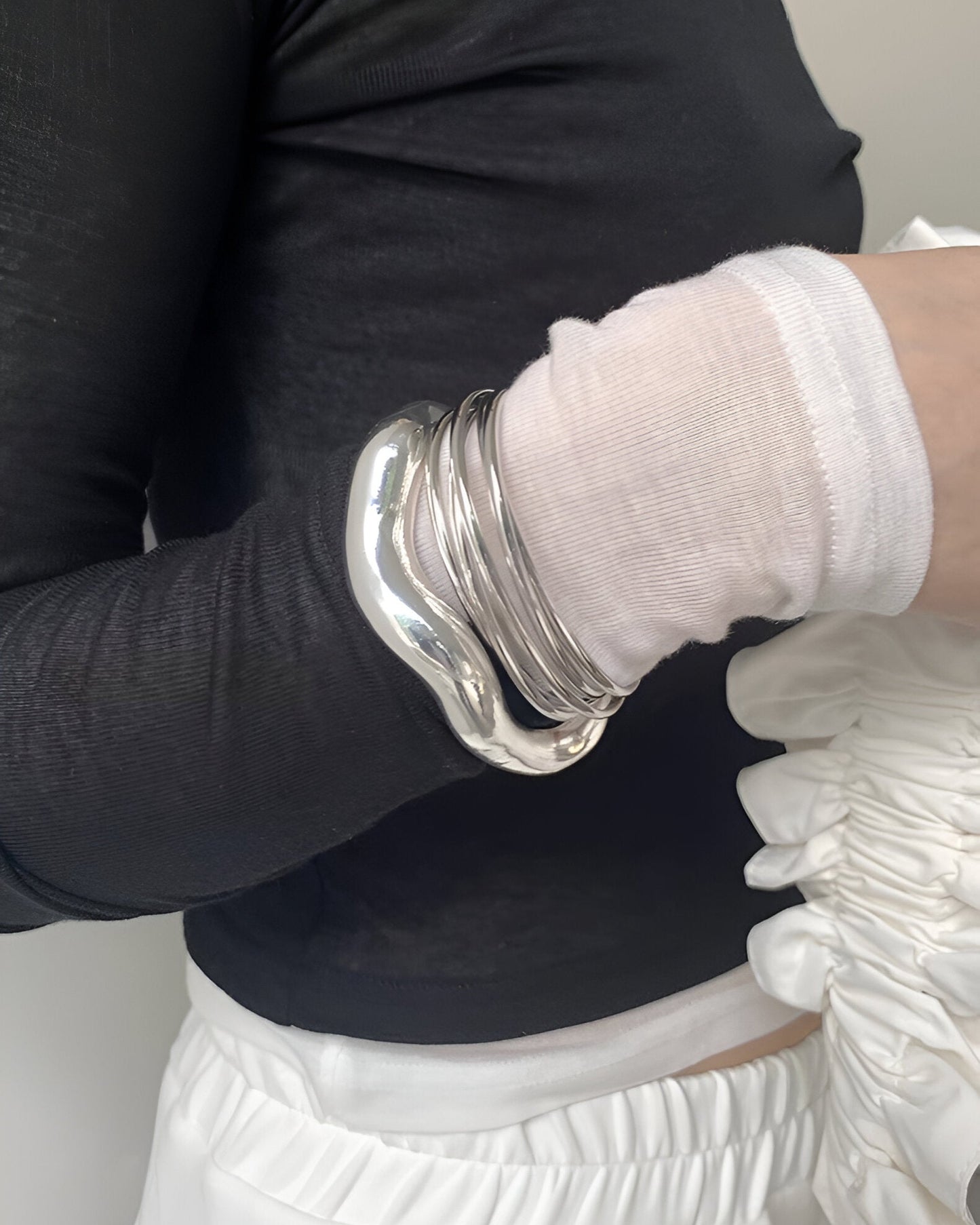 Futuristic Layered Silver Bangle Set