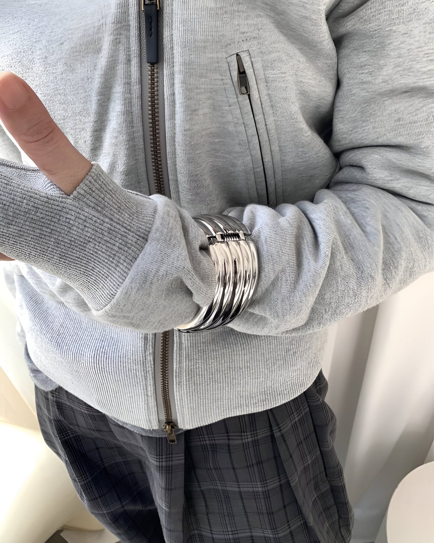 Ridged Silver Cuff Chunky  Bangle Bracelet