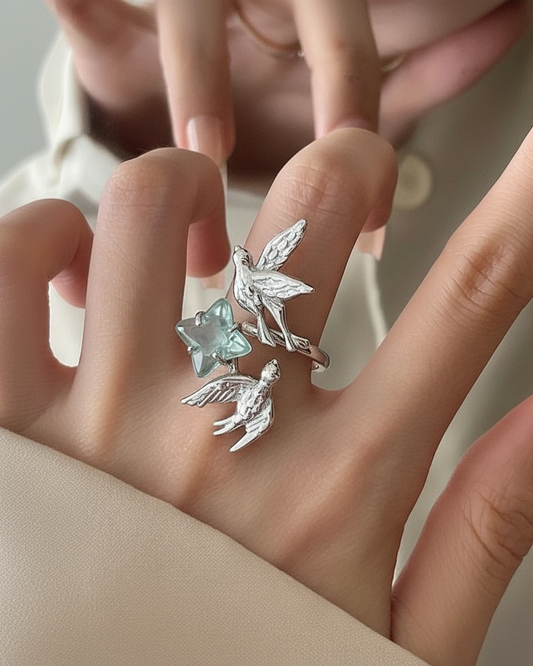 Fairy & Bird Adjustable Ring Green Star Charm