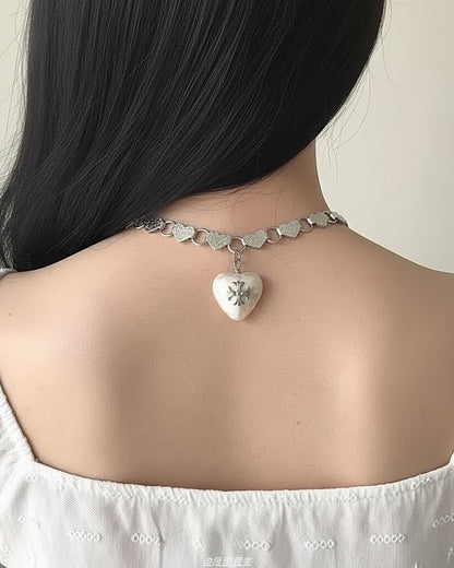 Silver Heart Charm Choker with Textured Chain